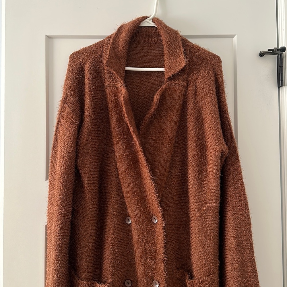 Burnt Orange Fuzzy Coat-Like Cardigan